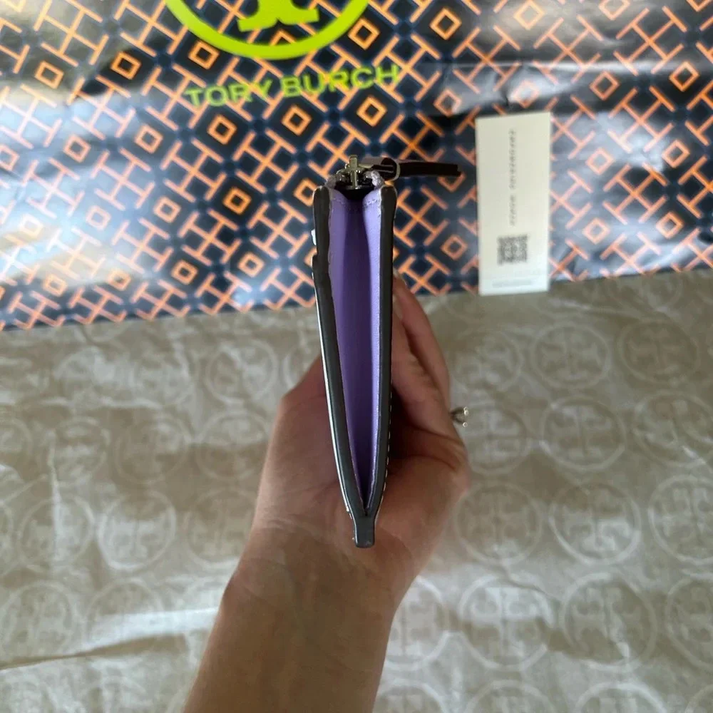 Tory Burch Britten Patent Zip Card Case Mini Wallet Lavender Silver Light Purple